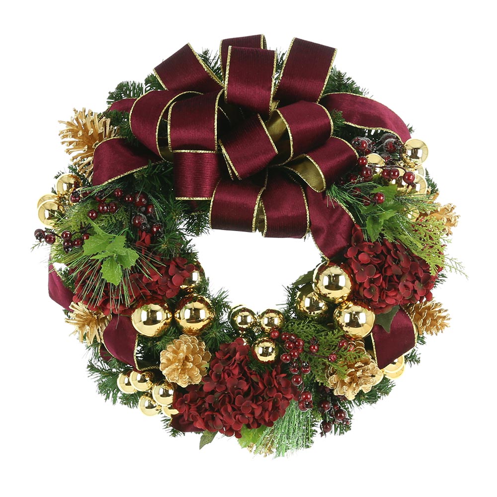26″ Holiday Wreath with Hydrangea, Pinecones, Ornaments and Bows ...