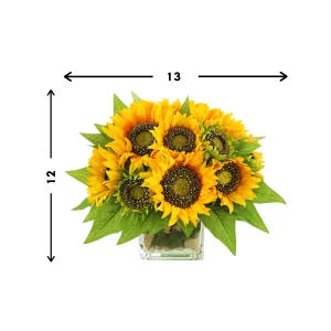 Sunflower Arrangement in a Square Glass Vase with Stones and Moss