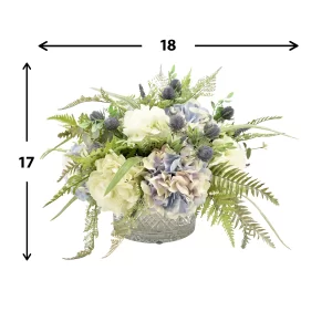 Hydrangea, Ferns and Hops Arranged in a Crystal Bowl Vase