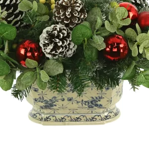 Pine Holiday Arrangement with Eucalyptus and Ornaments in a Ceramic Pot